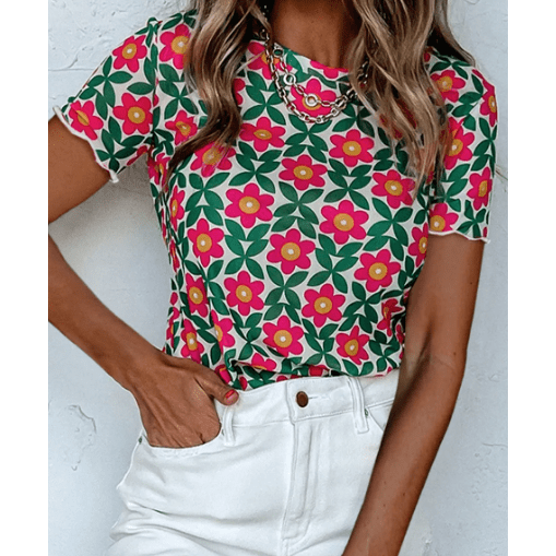 REDUCED!!!  Dayten Fiery Red Retro Floral Print Crew Neck T Shirt  REDUCED!!!