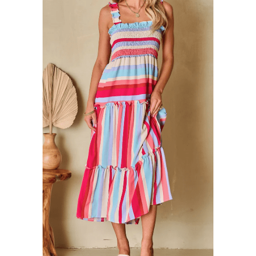 Kaydee Red Stripe Ruffled Straps Smocked Tiered Long Dress