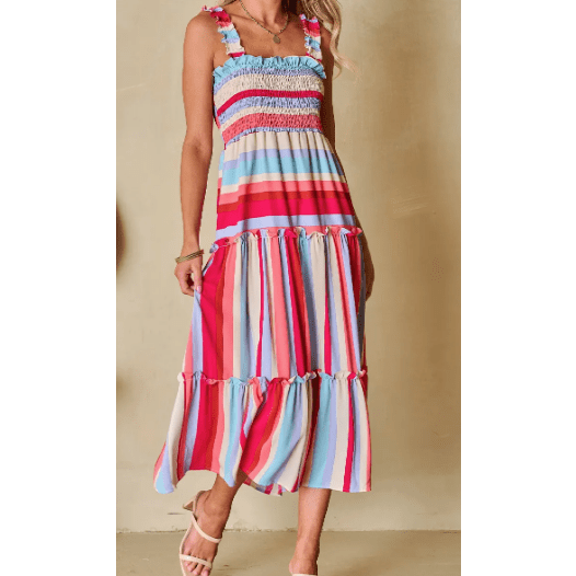 Kaydee Red Stripe Ruffled Straps Smocked Tiered Long Dress