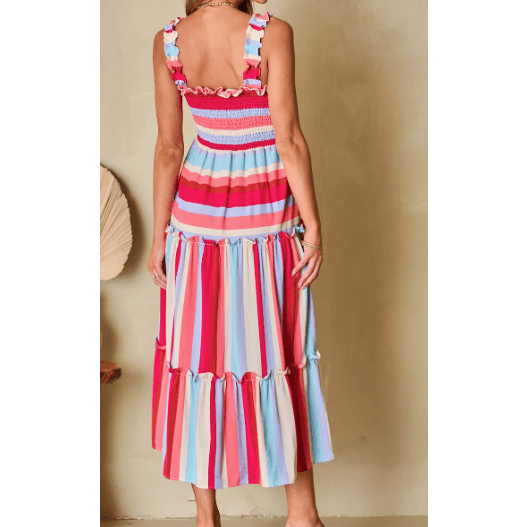 Kaydee Red Stripe Ruffled Straps Smocked Tiered Long Dress