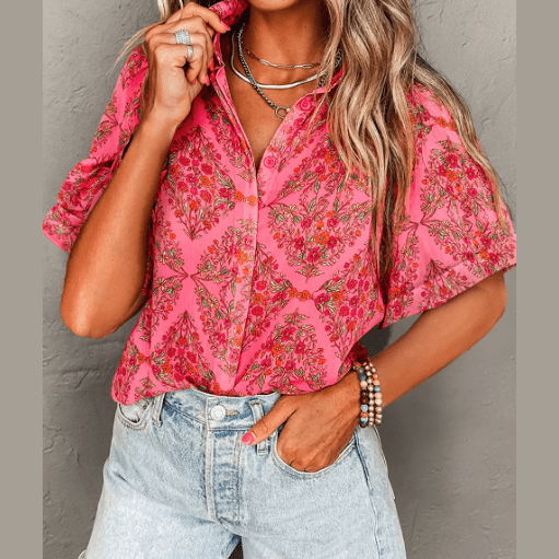 Brynleigh Floral Print Wide Short Sleeve Loose Shirt