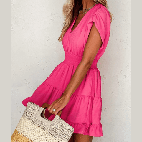 Arielle Strawberry Pink Ruched Sleeve V Neck Smock Waist Tiered Ruffled Dress