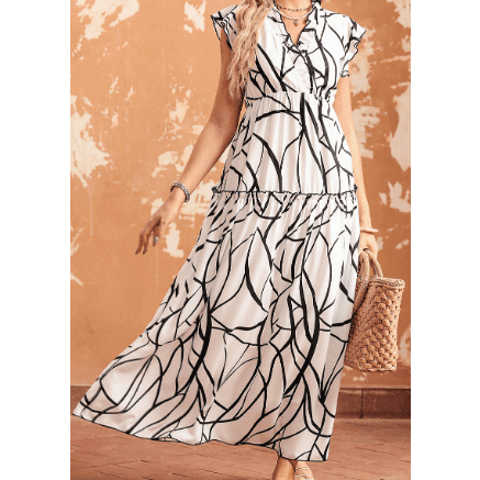 Barby White Abstract Vein Print V Neck Ruffle Maxi Dress