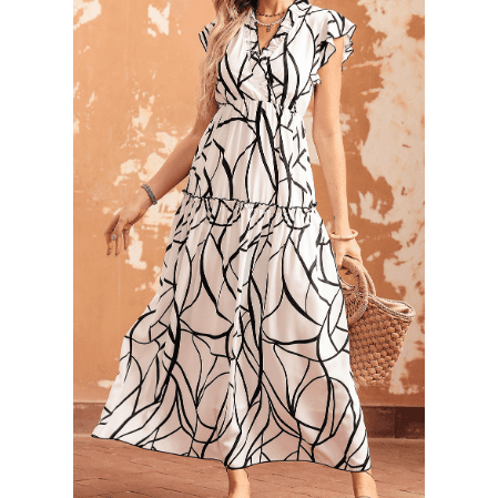 Barby White Abstract Vein Print V Neck Ruffle Maxi Dress