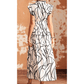 Barby White Abstract Vein Print V Neck Ruffle Maxi Dress