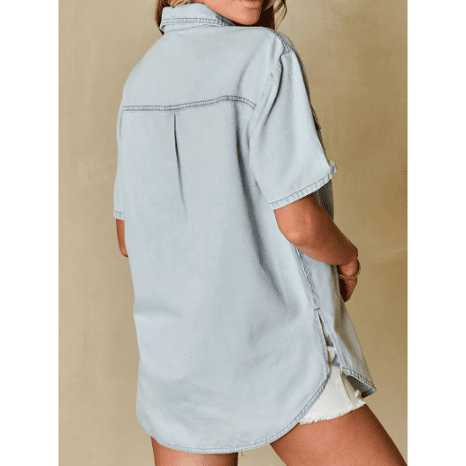 Lassie Mist Blue Vintage Light Wash Flap Pockets Rounded Hem Shirt