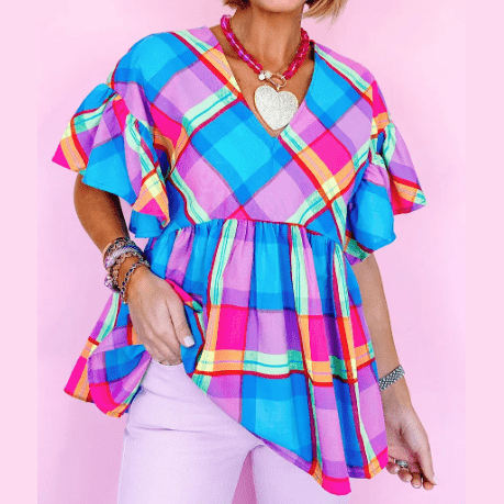 Lucie Sky Blue Colorful Plaid V Neck Ruffled Short Sleeve Babydoll Top