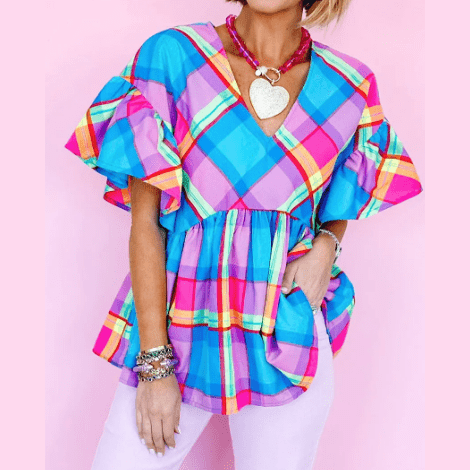 Lucie Sky Blue Colorful Plaid V Neck Ruffled Short Sleeve Babydoll Top