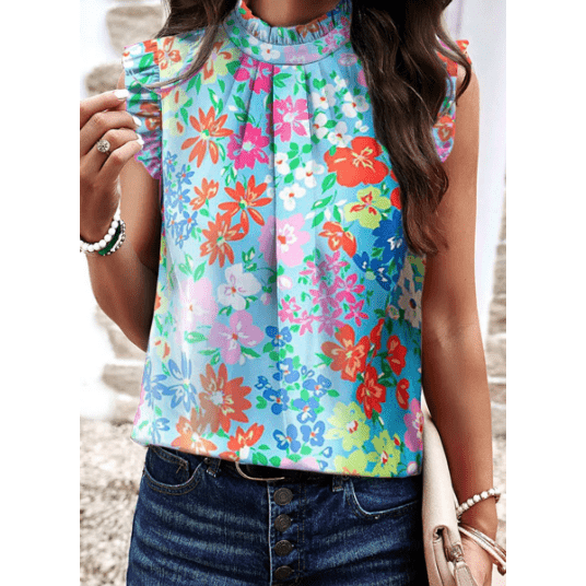 Jenee Sky Blue Frilled Collar Floral Tank