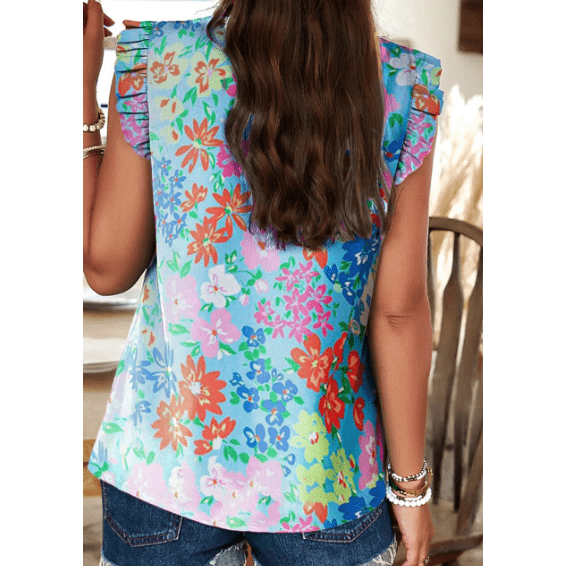 Jenee Sky Blue Frilled Collar Floral Tank