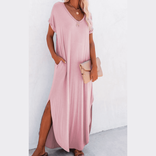 Stevie Pink V Neck Hidden Pocket Splits Maxi T-shirt Dress