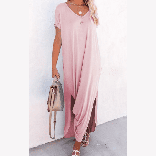 Stevie Pink V Neck Hidden Pocket Splits Maxi T-shirt Dress