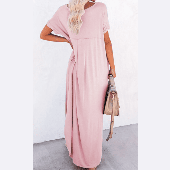 Stevie Pink V Neck Hidden Pocket Splits Maxi T-shirt Dress