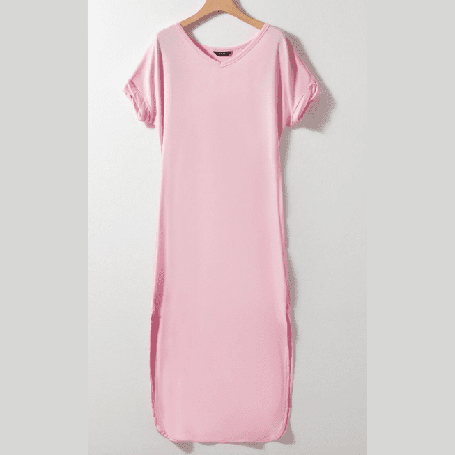 Stevie Pink V Neck Hidden Pocket Splits Maxi T-shirt Dress