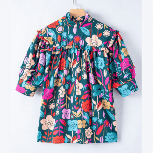 Robbin Floral Print Puff Sleeve Tied V Neck Blouse