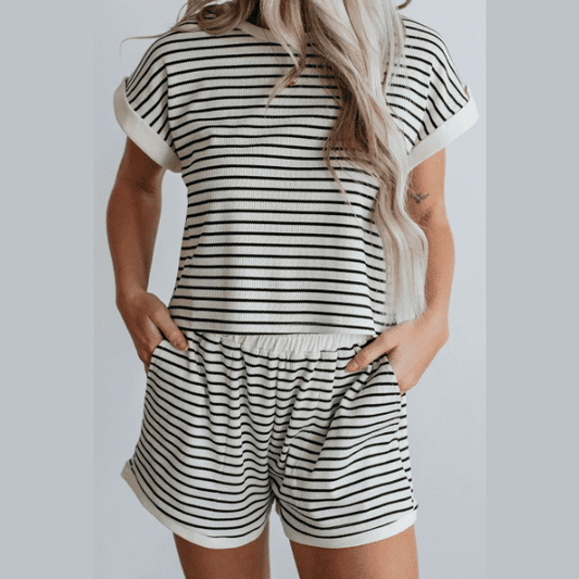 Brixley White Stripe Contrast Edge Tee and Shorts Set