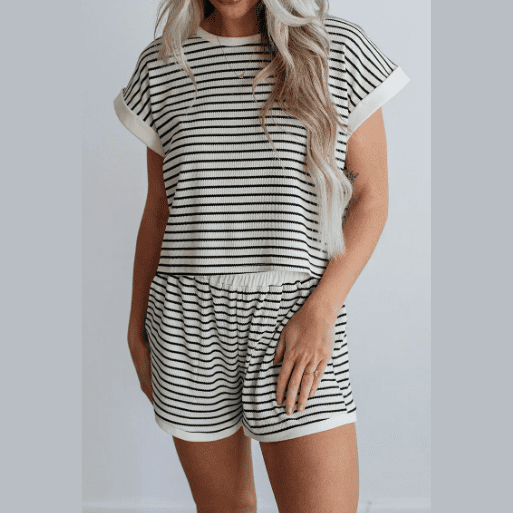 Brixley White Stripe Contrast Edge Tee and Shorts Set