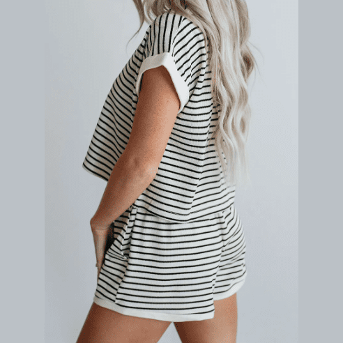 Brixley White Stripe Contrast Edge Tee and Shorts Set