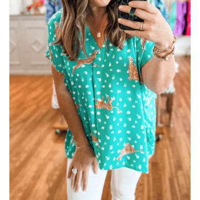 REDUCED!!!  Lilian Green Cheetah Print V Neck Short Sleeve PLUS SIZE Top. REDUCED!!!