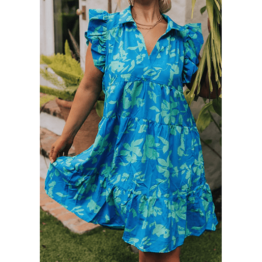 Levene Sky Blue PLUS SIZE Floral Print Flutter Sleeve Buttoned Mini Dress