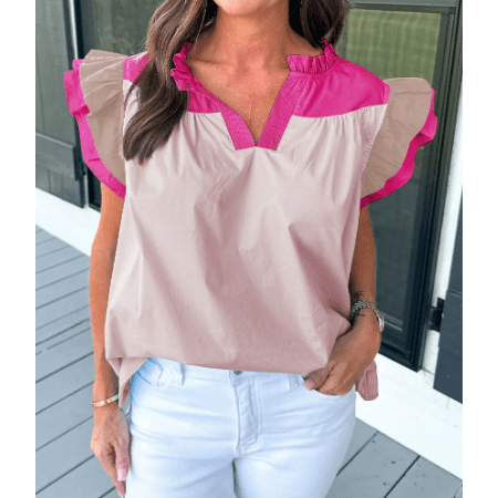 Sofia Pink Colorblock Ruffled Sleeve Frill V Neck Blouse