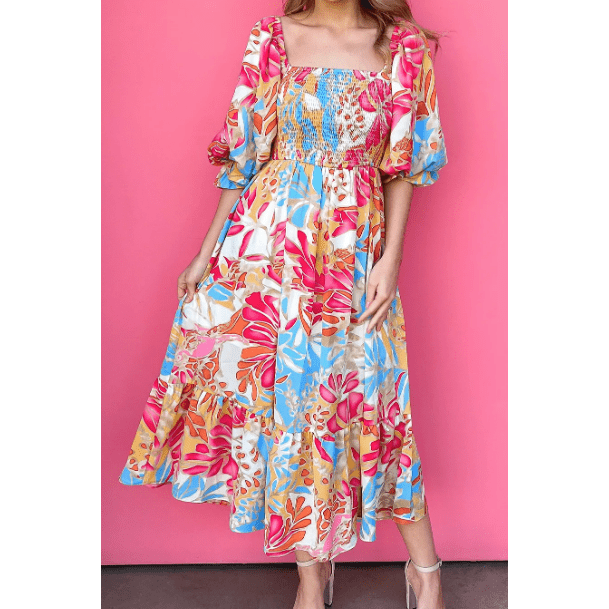 Dorothy Tropical Print Smocked Bodice Puff Sleeve Maxi Dress