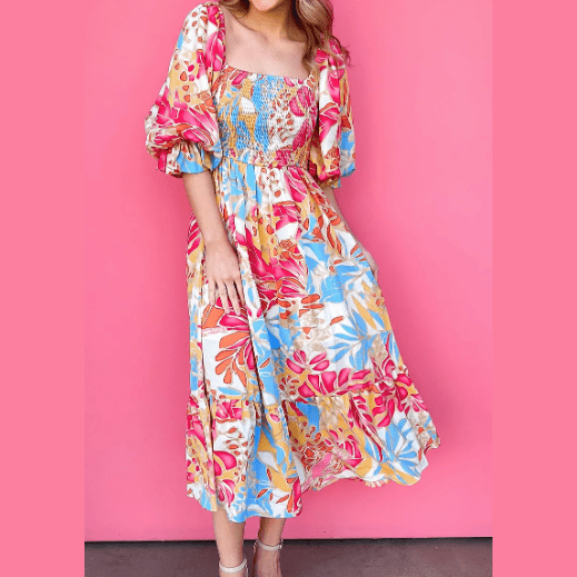 Dorothy Tropical Print Smocked Bodice Puff Sleeve Maxi Dress