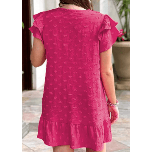 Jordy Strawberry Pink PLUS SIZE Jacquard Short Ruffle Sleeve Mini Dress