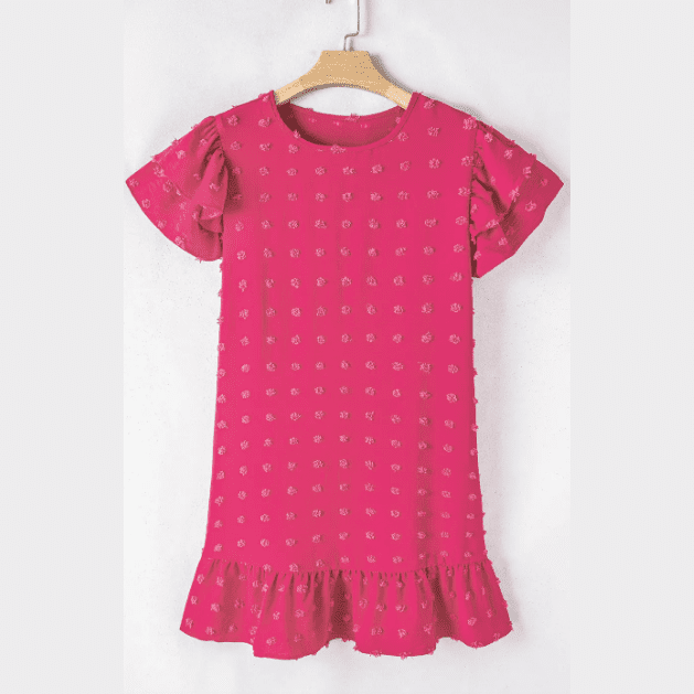 Jordy Strawberry Pink PLUS SIZE Jacquard Short Ruffle Sleeve Mini Dress