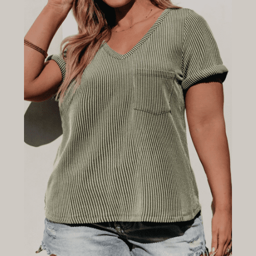 Tamela Meadow Mist Green PLUS SIZE Corded V Neck Patch Pocket Tee