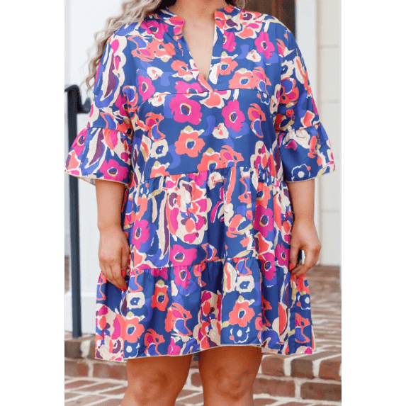 Addison Blue PLUS SIZE Floral Print Ruffled 3/4 Sleeve Mini Dress