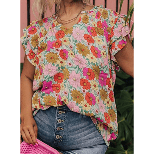 Lyssa Multicolour PLUS SIZE Floral Notched Neck Ruffle Sleeve Blouse