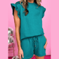 Emberly Teal Textured Ruffle Split Top and Drawstring Shorts