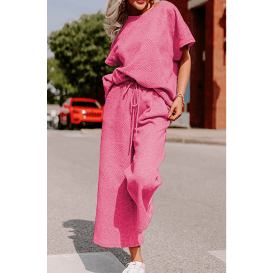 Belva Strawberry Pink Textured Loose Fit T Shirt and Drawstring Pants Set