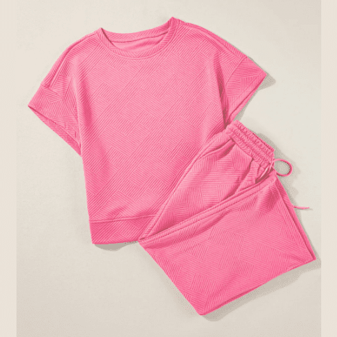 Belva Strawberry Pink Textured Loose Fit T Shirt and Drawstring Pants Set