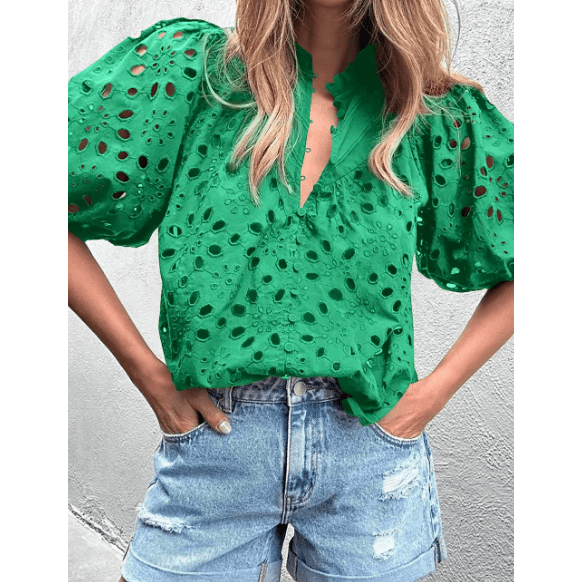Jocelyn Green Flower Embroidered Hollow-out Puff Sleeve Blouse