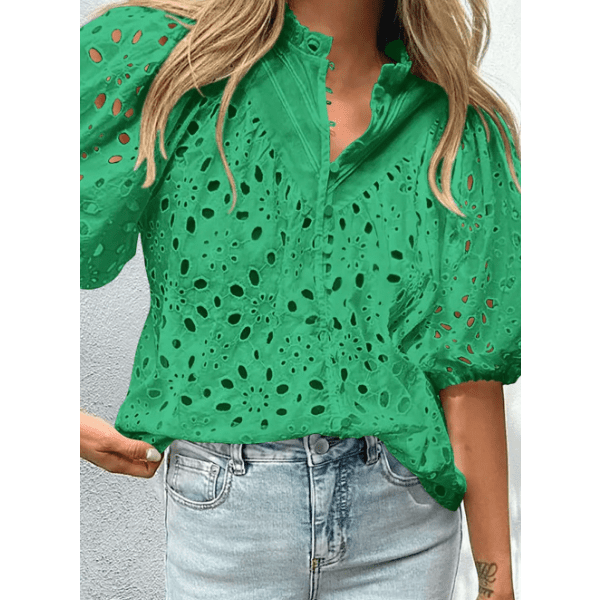 Jocelyn Green Flower Embroidered Hollow-out Puff Sleeve Blouse