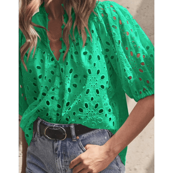 Jocelyn Green Flower Embroidered Hollow-out Puff Sleeve Blouse