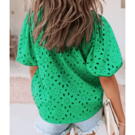 Jocelyn Green Flower Embroidered Hollow-out Puff Sleeve Blouse