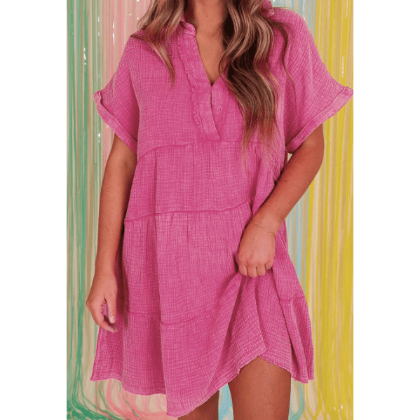 Lisette Strawberry Pink Mineral Wash Crinkle Split Neck Raw Hem Tiered Dress