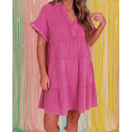 Lisette Strawberry Pink Mineral Wash Crinkle Split Neck Raw Hem Tiered Dress