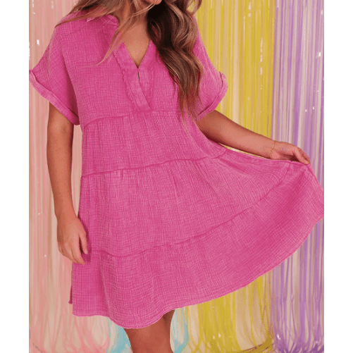 Lisette Strawberry Pink Mineral Wash Crinkle Split Neck Raw Hem Tiered Dress