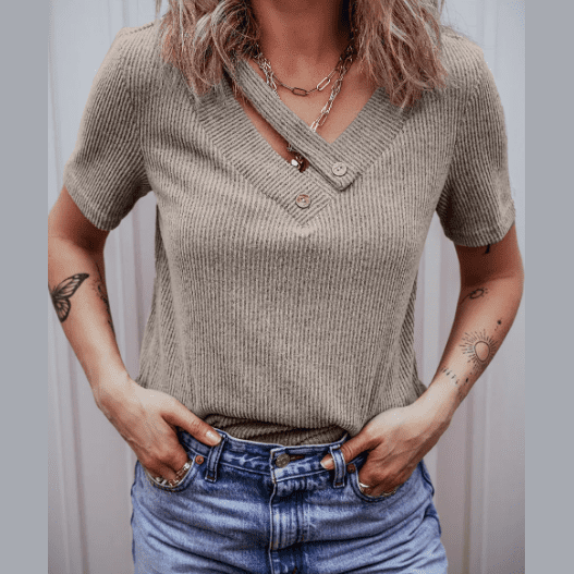 Lyra Khaki Ribbed Buttoned Strappy V Neck Tee