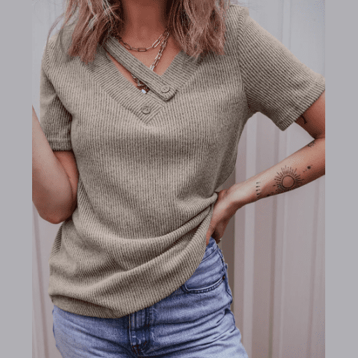 Lyra Khaki Ribbed Buttoned Strappy V Neck Tee