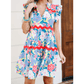 Eloise Sky Blue Floral Printed V Notched Ric Rac Flutter Sleeve Dress