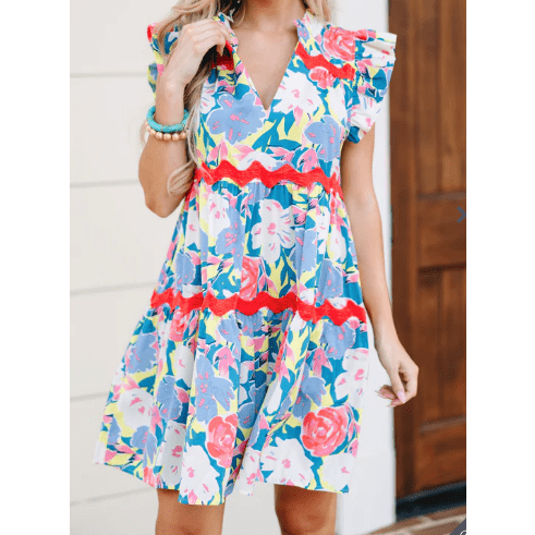 Eloise Sky Blue Floral Printed V Notched Ric Rac Flutter Sleeve Dress