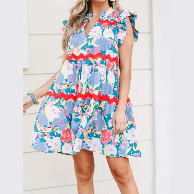 Eloise Sky Blue Floral Printed V Notched Ric Rac Flutter Sleeve Dress