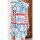 Eloise Sky Blue Floral Printed V Notched Ric Rac Flutter Sleeve Dress