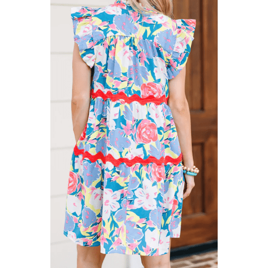 Eloise Sky Blue Floral Printed V Notched Ric Rac Flutter Sleeve Dress