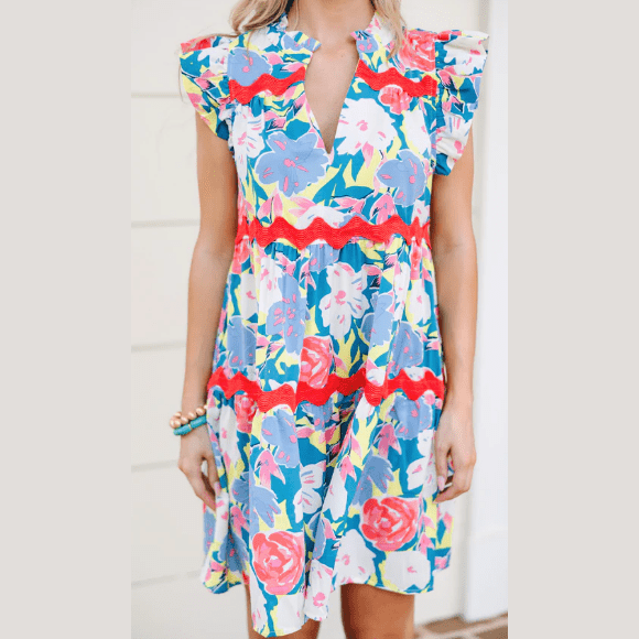 Eloise Sky Blue Floral Printed V Notched Ric Rac Flutter Sleeve Dress